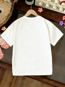 Young Girl Cute Cartoon Ocean Creature Whale Print Crew Neck Short Sleeve Sweatshirt, Spring/Summer - White - View 3