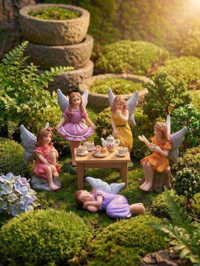 5pcs Miniature Fairy Afternoon Tea Party Garden Decor Resin Figurines, Micro Landscape DIY Potted Plant Village Scenery Decoration, Tiny Elf Friend Surprise Gift, Perfect Gardening Ornaments