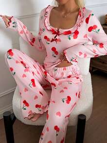 2pcs Women Casual Cherry Print Ruffle Trim Long Sleeve Square Neck Loungewear Set, Autumn - Pink - View 3