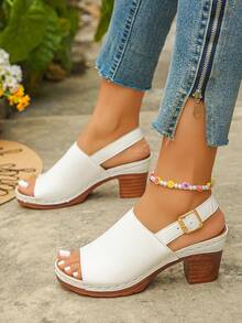 Plus Size Women's Fashion White Strap Buckle Open Toe Chunky Heel Sandals, Elegant Backless Comfortable Versatile High Heel Sandals - White - View 3