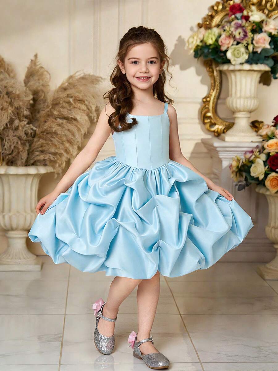 Young Girls' Satin Ruffle Elegant Birthday Party Puff Flower Princess Dress, Suitable For School Dance, Banquet, Party, Excluding Headband