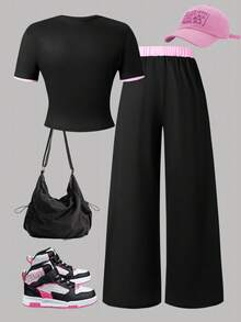 Tween Mädchen Süß & Cool Baddie Alltagskleidung Set Los Angeles Muster Rundhals Kurz T-Shirt + Weite Hose Zwei Teile Set, Rosa und Set - Schwarz - Übersicht 4