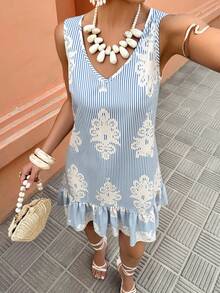 Standard Size Women's V-Neck Striped Printed Ruffle Hem Casual Vacation Dress, Spring/Summer Elegant - Multicolor - View 2