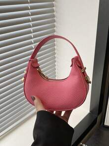 Mini Cute Solid Black Handbag For Women, Fashionable High-Quality Lightweight Crescent Shaped Shoulder Bag , Cute - 玫紅色 - 查看 2