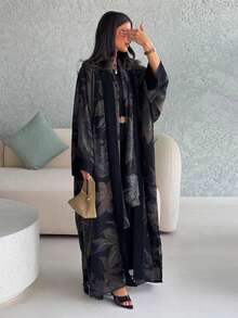 Hafizah Bộ 2 món áo Abaya bằng vải chiffon in họa tiết kèm khăn trùm đầu, áo choàng cardigan kiểu Trung Đông thường ngày. - màu đen - Xem 3