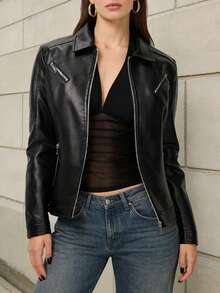 Y2K Grunge Black Faux Leather Moto Jacket For Women, Lapel Collar With Zipper Detail, Slim Fit PU Biker Coat, Edgy Streetwear Essential, Four-Season Outerwear For Daily & Weekend Looks - 黑色 - 查看 1