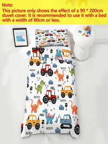 2/3件套儿童床上用品套装，工程车图案被套套装，涤纶材质，数码印花，适合作为青少年男孩卧室的礼物，包含1件双面被套和1/2个枕套 - 彩色 - 查看 4