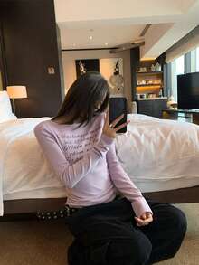 Casual Round Neck T-Shirt With English Letter Print, Fitted Silhouette, New Style Top - Purple - View 8