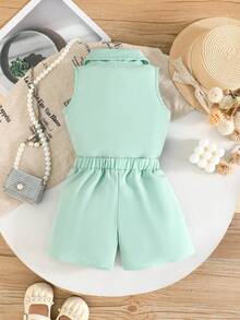 2pcs Baby Girls Elegant Embroidered Pearl Button Sleeveless Top And Minimalist Shorts Set, Fashionable Summer Outfit - Green - View 3