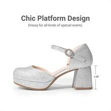 Girls Glitter Platform High Heels Square Toe Ankle Strap Wedding Party Pumps Flower Girl Shoes For Little Big Kid - 銀色 - 查看 4