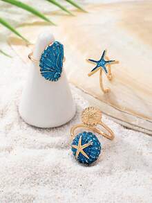 3件套波西米亚风贝壳星形戒指套装，适合夏季海滩度假，海洋生物和热带风情比基尼配饰 - 彩色 - 查看 2