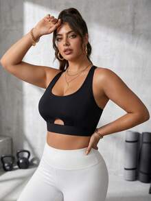 Zimi Collection Plus Size Women's Built-In Padded Hollow Front Cross Back High Support Yoga Fitness Sports Cropped Top Running Training Workout Apparel - Black - View 2