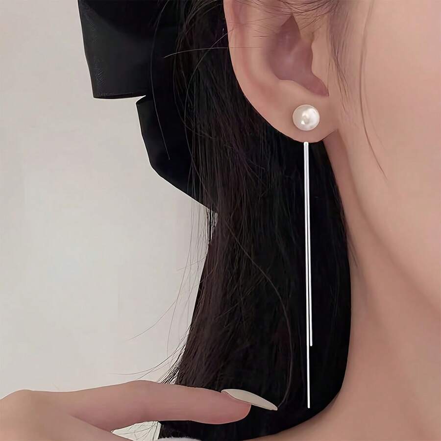 1对时尚简约仿珍珠流苏长耳环，优雅女士耳钉，适合日常佩戴 - 銀珍珠 - 查看 1