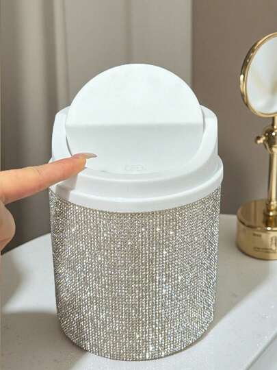 1个镶钻桌面化妆品垃圾桶，旋转盖桌面收纳盒，适用于梳妆台、卧室、办公室，阳光下闪闪发光