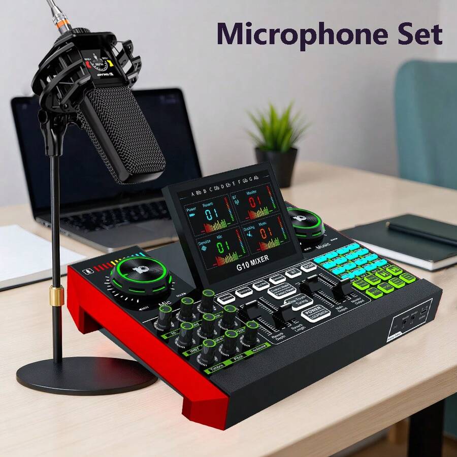 tenlamp Live Streaming Sound Card & Condenser Microphone Kit, 4.5-Inch LCD HD Screen Podcast Audio Mixer With ENC Noise Cancellation, 3 Preset Reverb Modes, Multi-Device Live Support, Voice Changer, Plug And Play For PC Phone, Ideal For Podcasting, Gaming, Studio Recording, Content Creation - 黑色 - 查看 1