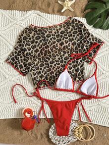 3pcs Red Leopard Print Bikini Set With Tie Front Cover Up, Swimsuit For Women Vacation - Multicolor - View 2