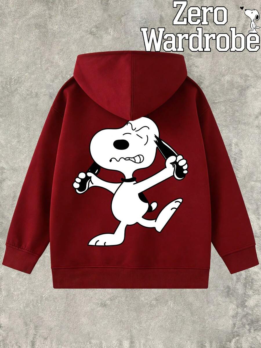 SNOOPY Anxious And Crazy Ear Pulling Pattern Printed Men's Casual Fashion Hoodie, Loose And Comfortable Street Style Long Sleeved Home Style, Soft Cotton Blend Men's Warm Winter Clothing, Men's Winter Clothing - 紅色 - 查看 1