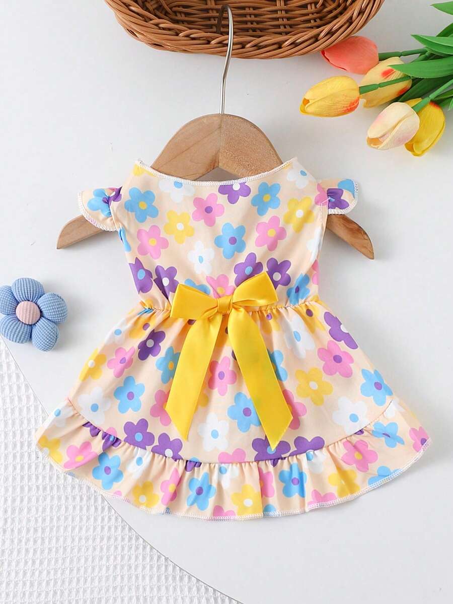 Summer Cute Pet Cat & Dog Print Dress With Flutter Sleeves, Bow Decor And Ruffle Hem - Yellow - View 1