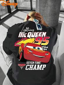 Disney Men's T-Shirt With Lightning McQueen Cartoon Pattern Featuring "Cars" Theme Printed On The Front And Back, Fashionable, Soft And Comfortable Cotton T-Shirt, Retro Street Feel - 黑色 - 查看 3