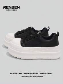 RENBEN 2026 Spring New Arrival Thick Sole Vulcanized Shoes For Women, Versatile Lightweight Increase Height Student Casual White Sneakers - Black - View 1