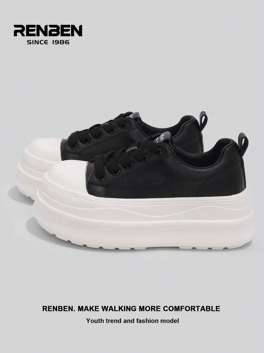 RENBEN 2026 Spring New Arrival Thick Sole Vulcanized Shoes For Women, Versatile Lightweight Increase Height Student Casual White Sneakers - Black - View 1