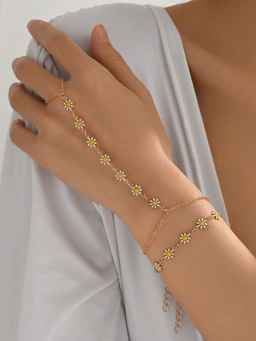 Set de 2 cadenas para dedos con flores de margarita de estilo veraniego, joyería de elemento floral de moda para mujeres, adecuado para uso diario, viajes, sesiones de fotos, longitud de la cadena hecha a mano personalizable, cantidad de flores aleatoria - Multicolor - Ver 1