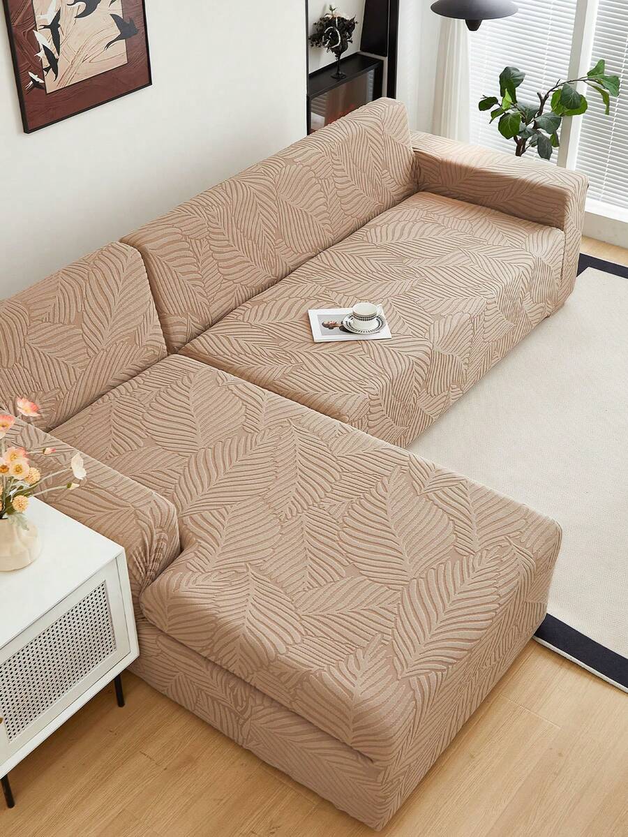 1pc Plush Leaf Pattern Stretch Sofa Cover (Pillow Covers Not Included), Nordic Modern Style, Polyester Fiber, Dust-Proof, Anti-Slip, Thick Sofa Slipcover, Suitable For 1/2/3/4 Seater Sofa, Especially Suitable For Autumn/Winter Sofa Decor - Khaki - View 1