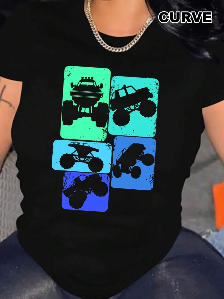 Plus Size - Monster Truck Graphic Tee For & Women - Soft Lightweight Crew Neck T-Shirt With Stretch, Vibrant Blue & Black Geometric Design, Casual Summer Fashion Top For Casual Attire, Allseason Apparel | Vibrant Graphic Tee | Comfortable Fit, Monster Truck Shirt - 黑與白 - 查看 1