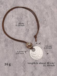 1件时尚百搭银色圆点吊坠项链，男女皆宜的长款项链，配棕色蜡绳和珠子，音乐节礼物，节日配饰 - 棕色臘繩 - 查看 8