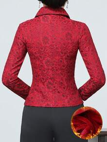 2026 Autumn/Winter Lace Long-Sleeved Outerwear For Women, Retro Style, Chinese-Style Lapel, Slim Fit, Fleece Lined For Warmth, Fold-Down Opening, Asian Sizes, Perfect Mother's Day Gift, Popular With Women, Stylish Outerwear, High-Value Outerwear, Suitable For Everyday/Casual/Social/Occasion/Vacation/Events/Holidays - 酒紅色 - 查看 8