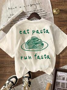 Women's Summer Casual Pasta Pattern Round Neck Short Sleeve T-Shirt - Light Apricot - View 2