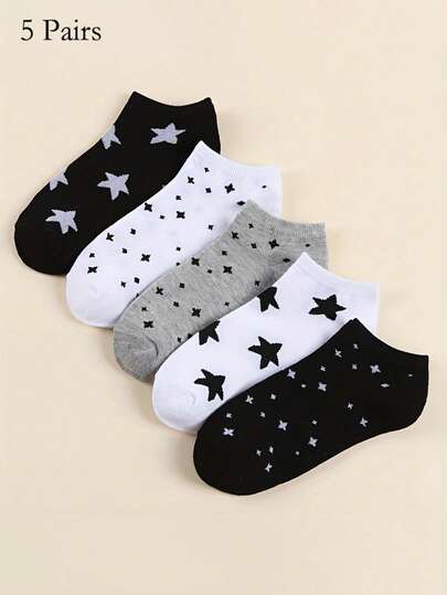 5双装韩版可爱月亮星星印花女袜 - 甜美前卫设计，柔软透气面料，黑白灰配色，休闲正装皆宜，百搭可爱袜子系列，青春时尚风格
