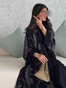 Hafizah Bộ 2 món áo Abaya bằng vải chiffon in họa tiết kèm khăn trùm đầu, áo choàng cardigan kiểu Trung Đông thường ngày. - màu đen - Xem 6