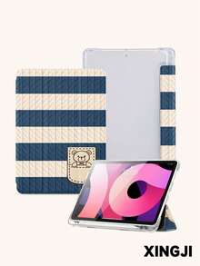 1pc Blue & White Striped Teddy Bear Design Tablet Protective Case, Compatible With 10.2" 10th/ (A16) 11" 11th 2025, Pro 11" 2021/2020, Galaxy Tab A8 10.5" 2022, Matepad 10.4/Tab, , With Pencil Slot, Anti-Drop, Tablet Stand, Auto Sleep/Wake - Multicolor - View 2