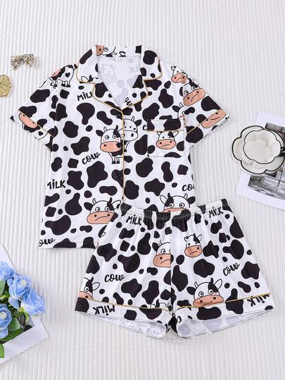 2pcs Kids Black & White Cute Cow Print Pajamas Set, Soft Comfy Short Sleeve Shorts With Collar, Button Front Pockets, Adorable Loungewear For Boys And Girls, Suitable For All Seasons, Party & Casual Wear