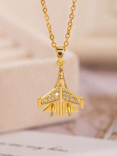 1件时尚个性化精致飞机战斗机锆石铜吊坠项链，适合女性、情侣、旅行、日常佩戴