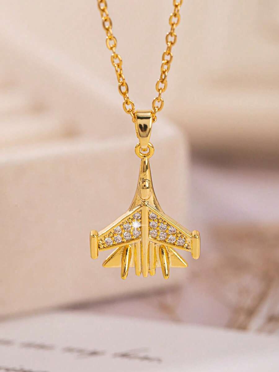 1件时尚个性化精致飞机战斗机锆石铜吊坠项链，适合女性、情侣、旅行、日常佩戴 - 彩色 - 查看 1