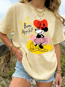 Disney Charming Minnie Mouse "Bon Appétit" Adult T-Shirt – Soft Butter Yellow Oversized Tee With Playful French Slogan & Abstract Graphic For Women - Màu be - Xem 1