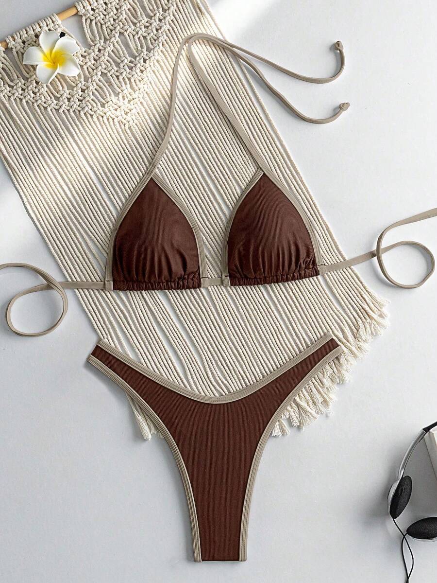 RWX VEST Triangle Bikini With Contrasting Trim And Adjustable Tie 2025 XX574 - Rust Brown - View 1