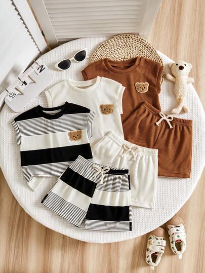 6pcs/Set Newborn Baby Boys' Summer Outfit, Includes Black & White Striped, Solid Color Waffle, Cute Bear Print Vests And Solid Color Drawstring Shorts, Casual & Fashionable Set