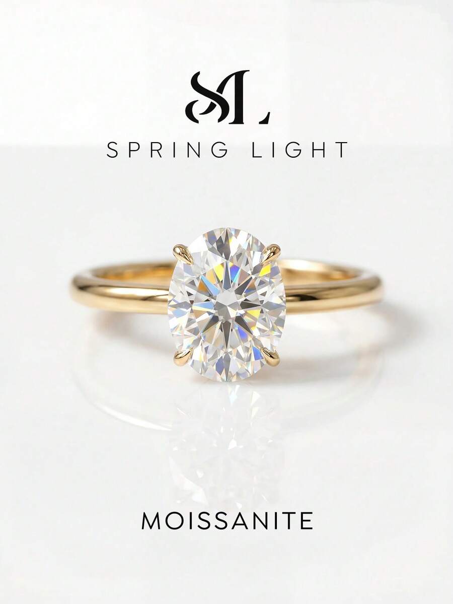 1枚1-2克拉闪亮优雅四爪椭圆形莫桑石订婚戒指，S925纯银奢华求婚戒指，周年纪念戒指，女士珠宝礼物，情人节礼物 - 金色 - 查看 1