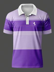 Men's Casual Striped Print Short Sleeve Polo Shirt Summer Sports - Violet Purple - View 2