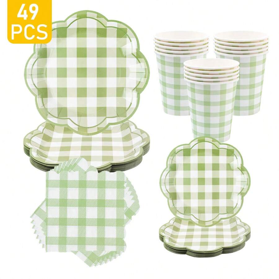 Green & White Checkered Wavy Trim Disposable Plates, Napkins, Cups - 8 Guest Party Supplies Set, Disposable Paper Plates Suitable For Birthday, Wedding, Theme Party, Family Picnic - Multicolor - View 1