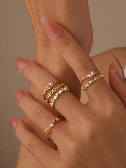 6pcs Gold-Color Four-Leaf Clover, Water Drop, Letter, Heart Shaped Ring Set, Minimalist Design Sweet & Cute, Suitable For Daily Wear, Festivals, Gifts