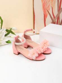 1 Pair Summer New Fashion Roman High Heel Pearl Decor Sandals, Girls High Heel Dance Shoes, Student Performance & Daily Wear Sandals, Wedding Shoes - Rose Red - View 4