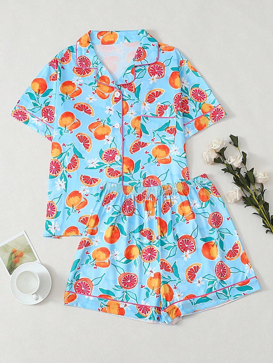 2PCS Womens Tropical Fruits Print Pajama Sets Pj Set Short Sleeve Button Down Shirt With Shorts - Nhiều màu - Xem 1