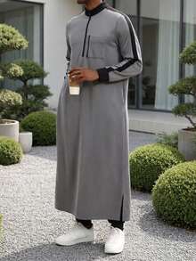 Modern Islamic Men's Clothing, Hooded Kamis Robe, Muslim Men's Grey Kamis Robe, Fashionable Stand Collar Long Hooded Sweatshirt - 灰色 - 查看 11