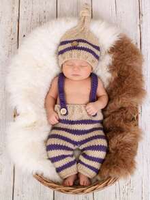 一套针织帽+围兜裤，新生儿摄影道具，手工编织条纹婴儿帽，蓝色 - 彩色 - 查看 6