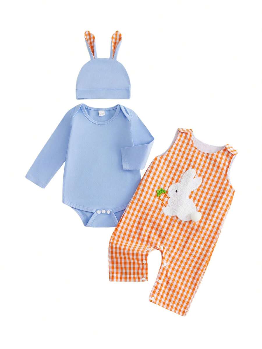 Conjunto de Pascua para bebé niño, mono de manga larga con bordado a cuadros, pantalones y gorro. - Azul - Ver 1