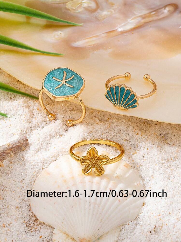 3件套夏季度假风海星花朵戒指套装，海洋生物贝壳戒指首饰配饰，适合搭配比基尼泳装，热带海滩旅行 - 彩色 - 查看 3